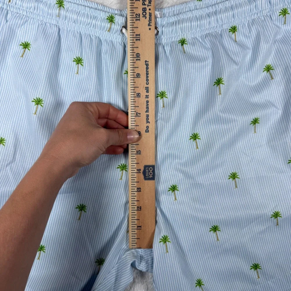 Bermies Swim Trunks Mens L Blue White Striped Palm Tree Stretch Mesh Lining